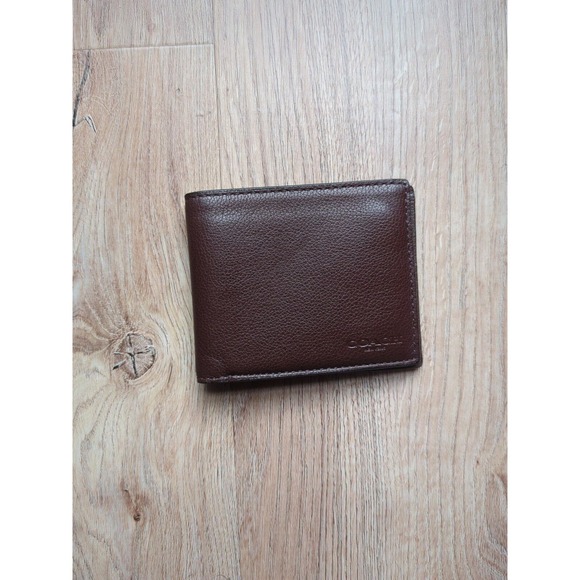 Coach Bi-Fold Pebbled Leather Mens Wallet Dark Saddle Brown - Picture 4 of 10